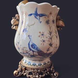 Elegant Floral and Peacock Blue and White Ceramic Vase with Bronze Accents